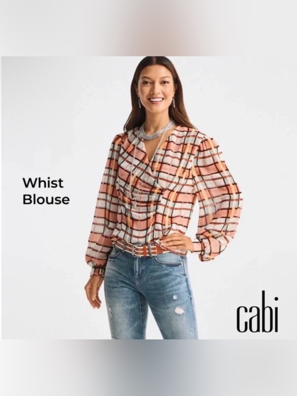 Cabi Whist Orange Plaid Size Medium Long Sleeve V Neck Blouse